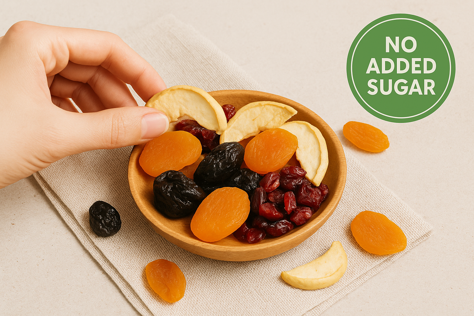 A bowl of low-sugar dried fruits including apricots, prunes, and cranberries – healthy snack by Nutly.