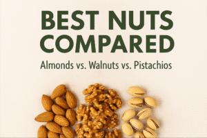 Assorted nuts displayed on a rustic wooden board — almonds, walnuts, pistachios, perfect for a healthy diet.