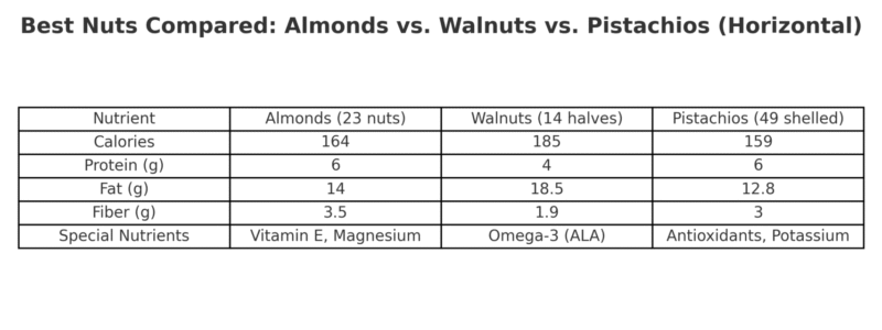 best_nuts_comparison_chart_horizontal Infographic comparing nutritional facts of almonds, walnuts, and pistachios — calories, protein, fat, fiber, and special nutrients