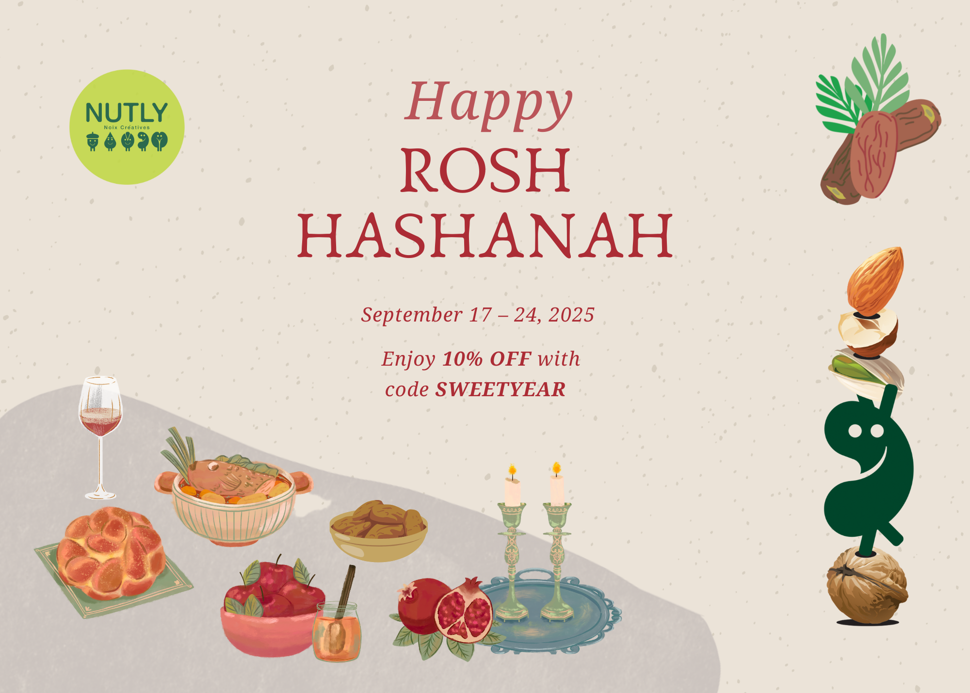 Rosh Hashana holiday table with apples, honey, and Nutly dried fruits and nuts.