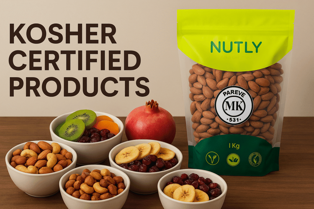Nutly Kosher certified products – nuts, dried fruits, and snack mixes