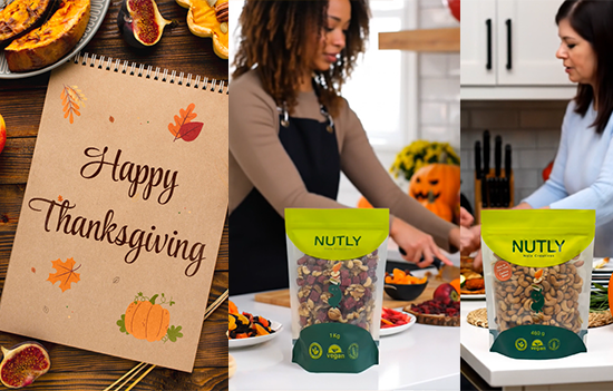 Thanksgiving table with autumn leaves, nuts, dried fruits, and Nutly packaging