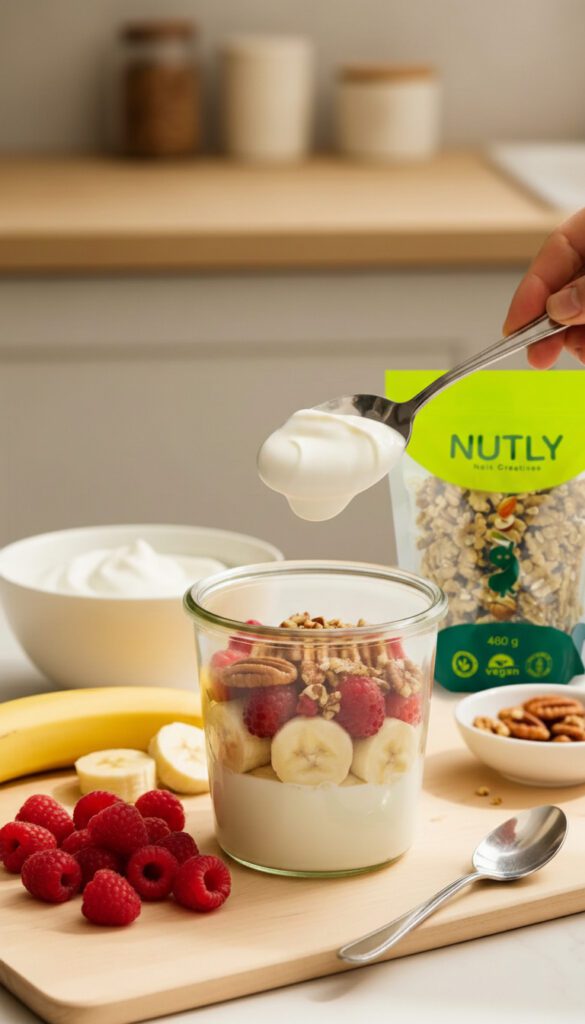 Valentine’s Day breakfast bowl topped with berries and Nutly nuts.