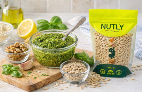 Pesto sauce without pine nuts made with Nutly pine nuts alternative ingredients including walnuts and cashews in Canada